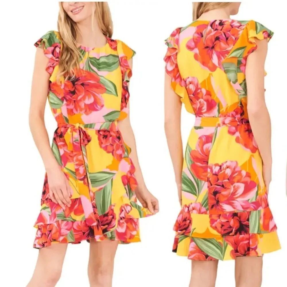 CeCe Floral Belted Ruffle Tiered Dress Sz Lg